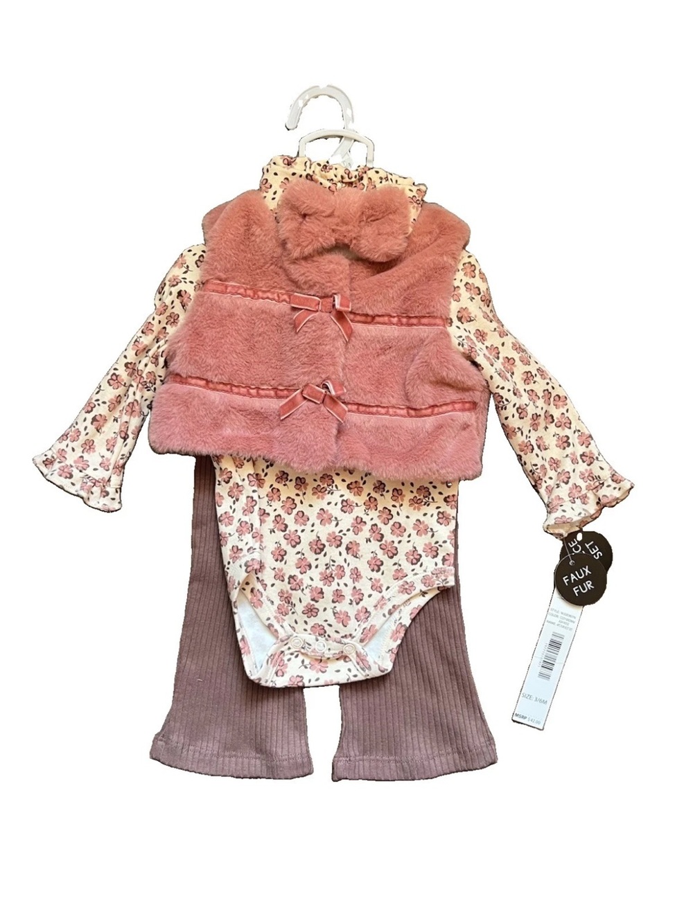 Nicole Miller 4 Piece Outfit Faux Fur Vest Top Pants Headband 3-6 months NWT